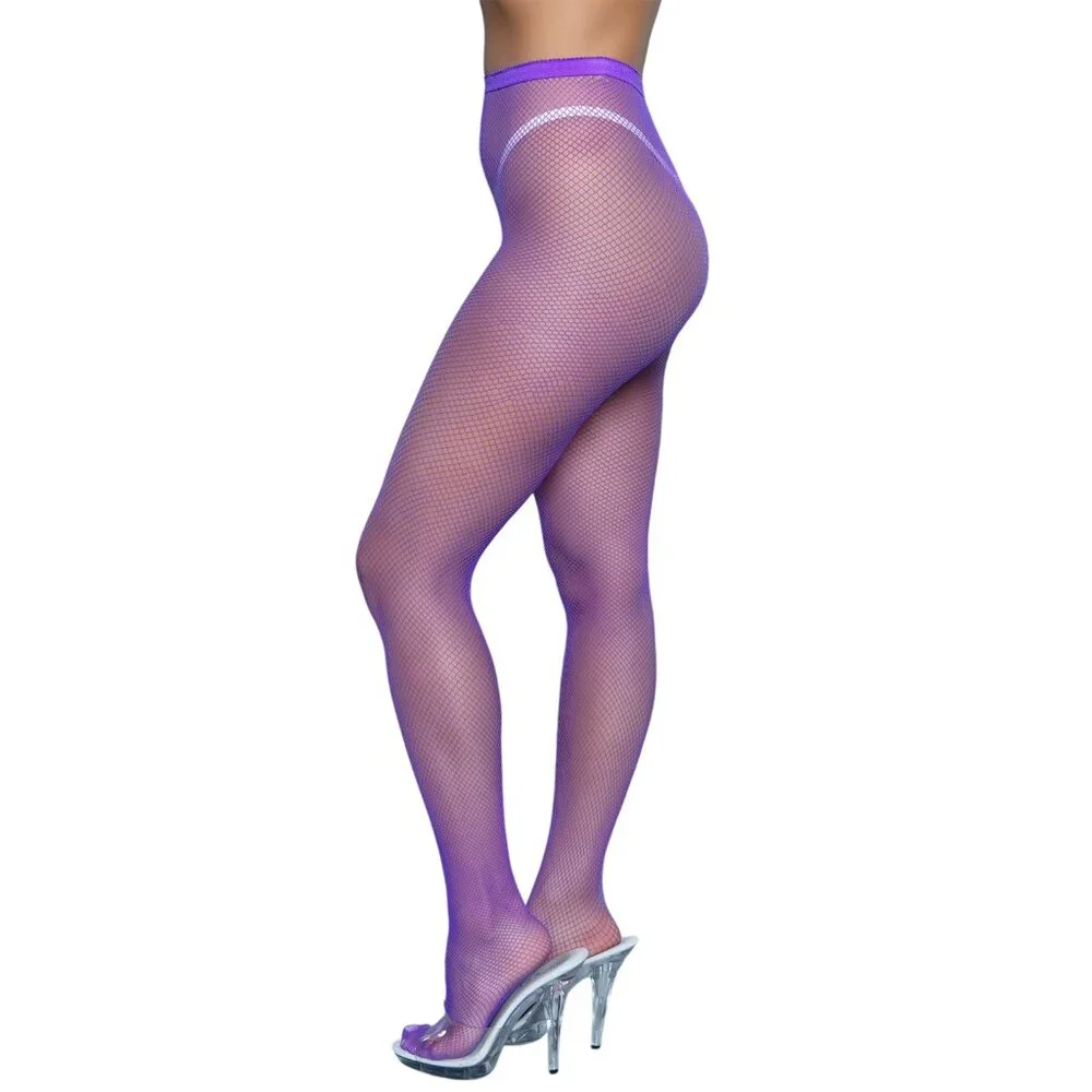 High Waisted Fishnet Pantyhose - Purple